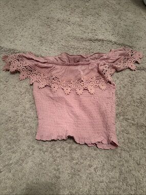 Active USA Pink Off-Shoulder Lace Crop Top